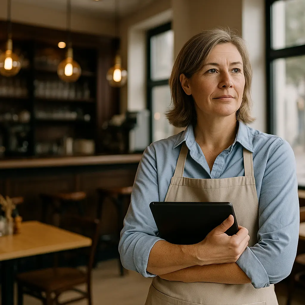 Horecaondernemer in restaurant met tablet, denkt na over energiebesparing